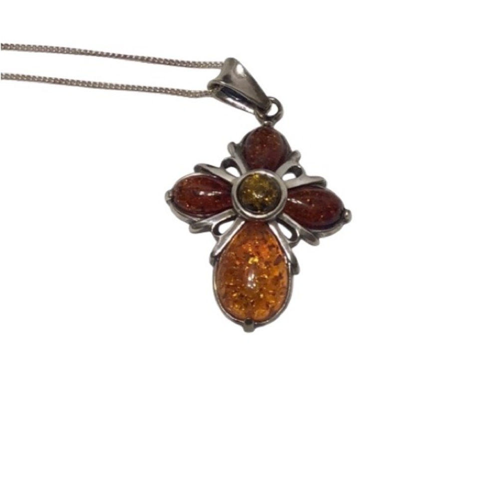 Vtg Sterling Silver & Amber Cross. Marked Poland V8 925 on Sterling Silver Chain